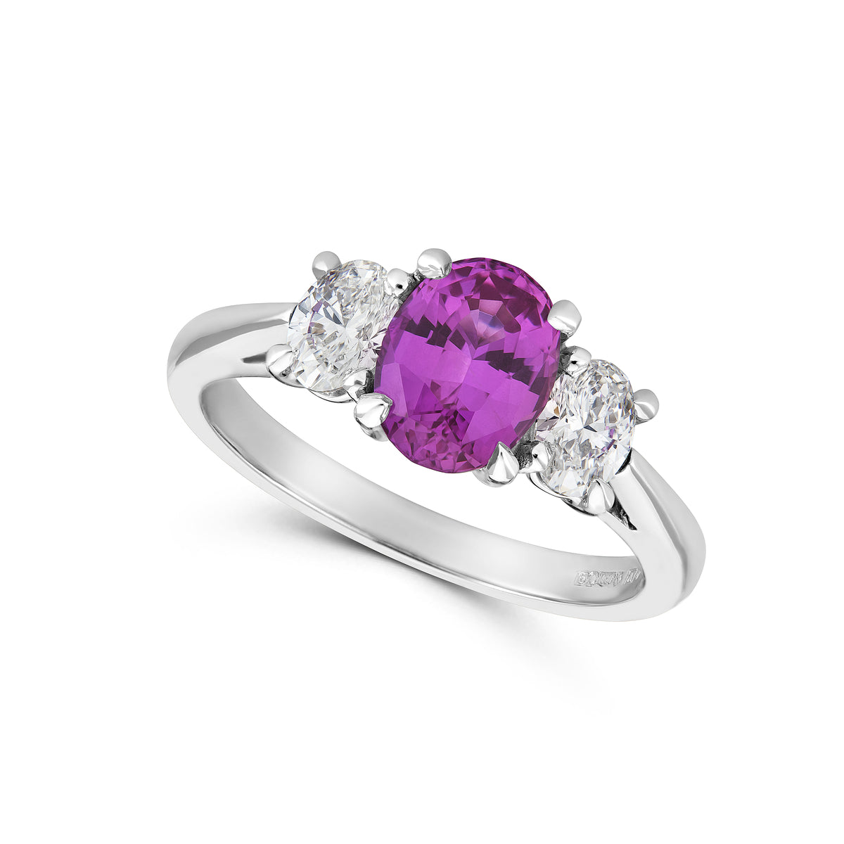 Pink Sapphire and Diamond Ovals Three Stone Ring