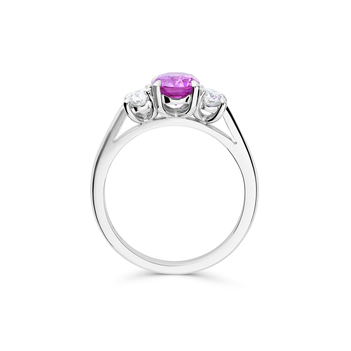 Pink Sapphire and Diamond Ovals Three Stone Ring