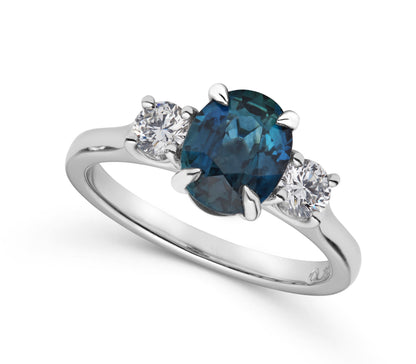 Teal Sapphire and Diamond Ring
