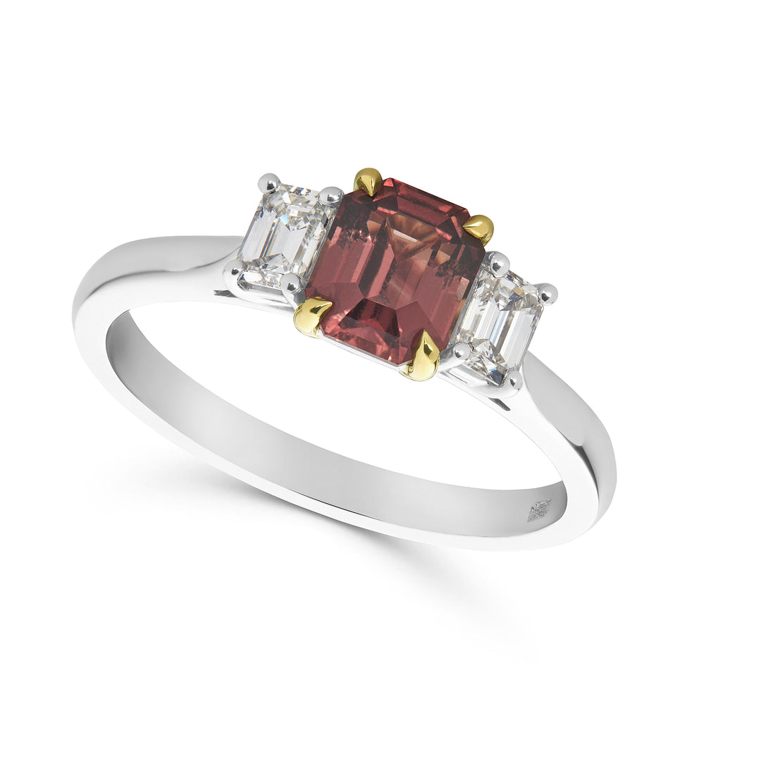 Raspberry Sapphire and Emerald Cut Diamond Ring