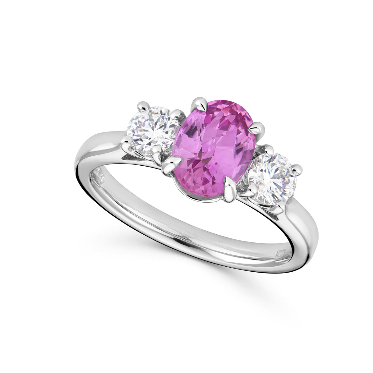 Padparadscha Sapphire and Diamond Three Stone Ring