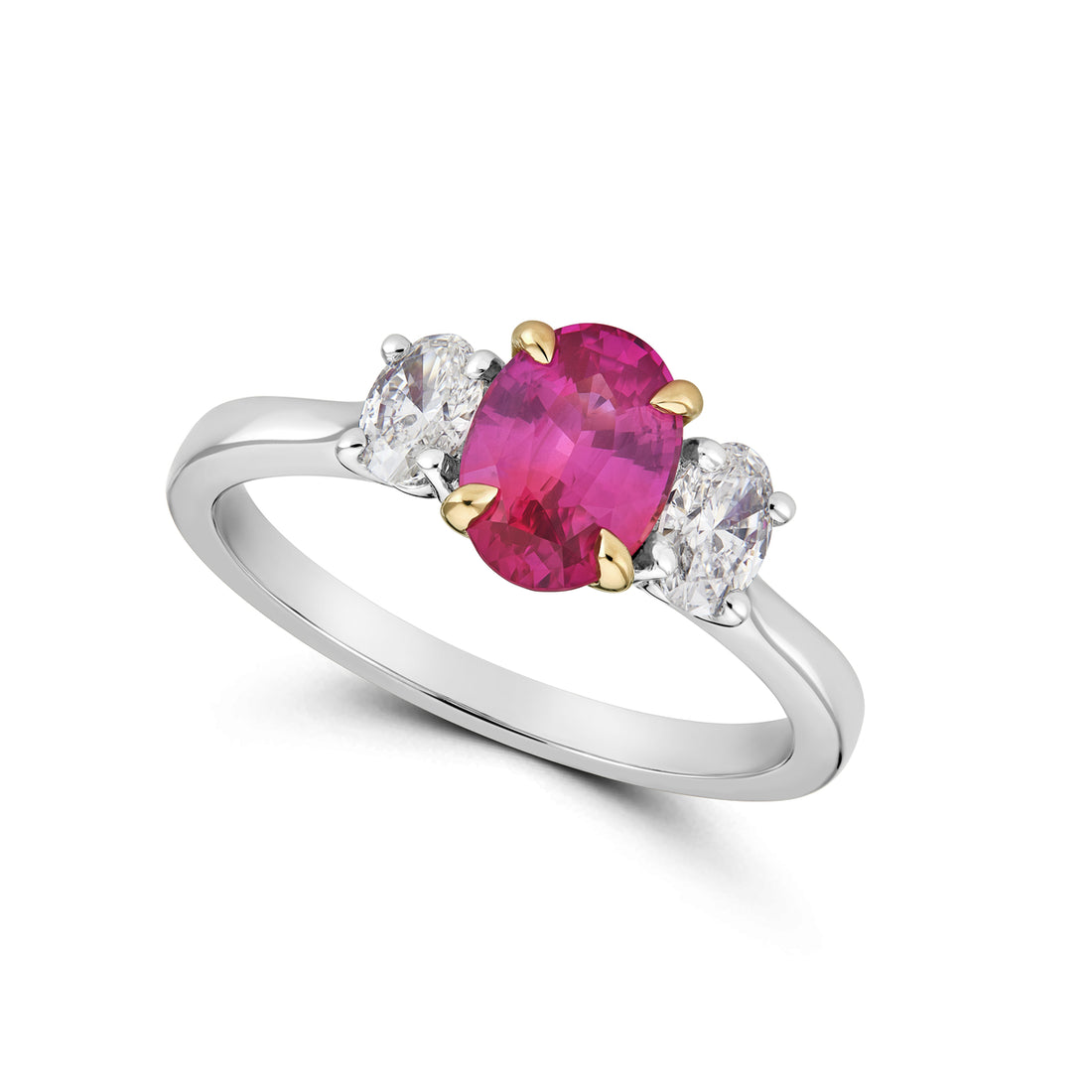 Pink Sapphire and Diamond Ovals Three Stone Ring