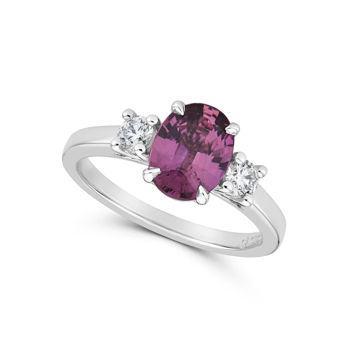 Raspberry Sapphire and Diamond Three Stone Ring