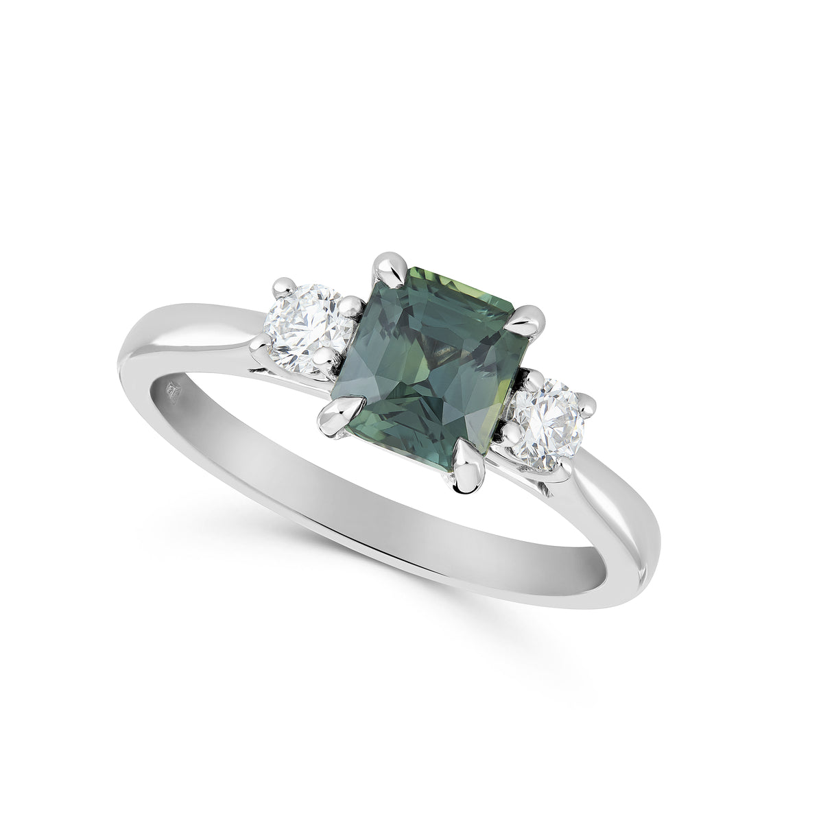 Teal Sapphire and Diamond Three Stone Ring