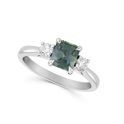 Teal Sapphire and Diamond Three Stone Ring